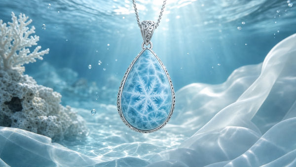 Sky blue Larimar pendant with white snowflake patterns in underwater mystical setting