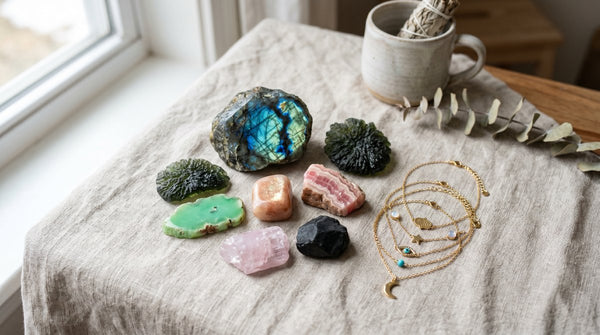 A flat lay of trending crystals with gold spiritual jewelry bracelets in soft natural light.