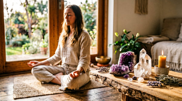 A woman meditating peacefully beside amethyst and clear quartz crystals in warm morning light