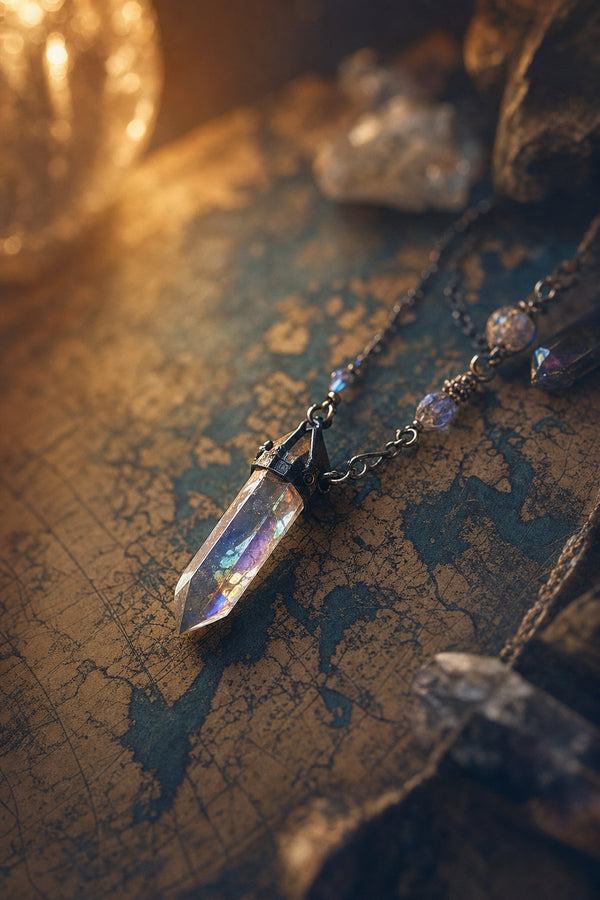 Crystal pendant necklace resting on a vintage world map for travel protection