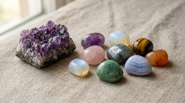 Photorealistic tumbled gemstones next to a raw crystal cluster on linen.