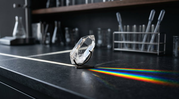 Clear quartz crystal refracting a rainbow spectrum of light on a laboratory surface