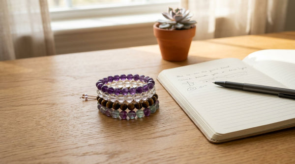 Stack of crystal beaded bracelets next to an open notebook on a desk