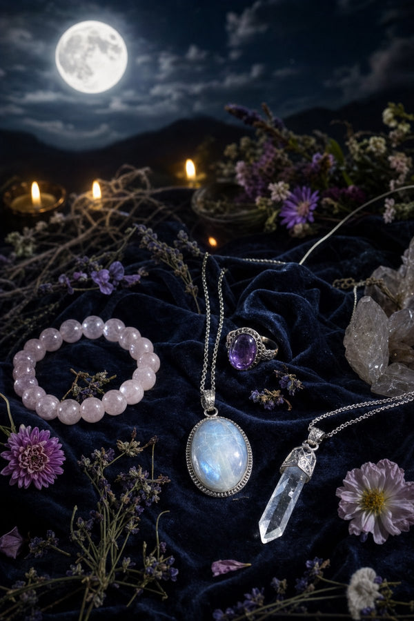 Crystal jewelry pieces including moonstone pendant and rose quartz bracelet arranged under a full moon for a lunar charging ritual