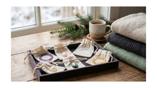 Crystal jewelry stored in soft pouches beside folded winter knitwear