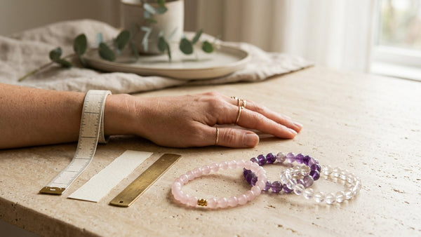 Crystal bracelets arranged beside a wrist measuring tape, paper strip, and ruler