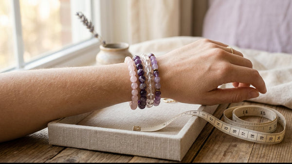 Crystal bead bracelets styled with a wrist measuring tape