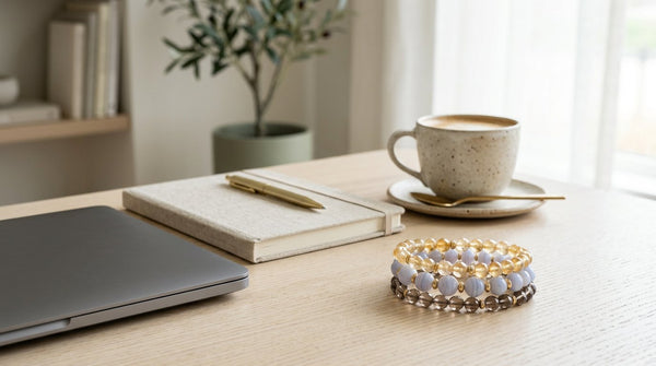 Three crystal bracelets styled on an office desk with a notebook, laptop, and coffee cup
