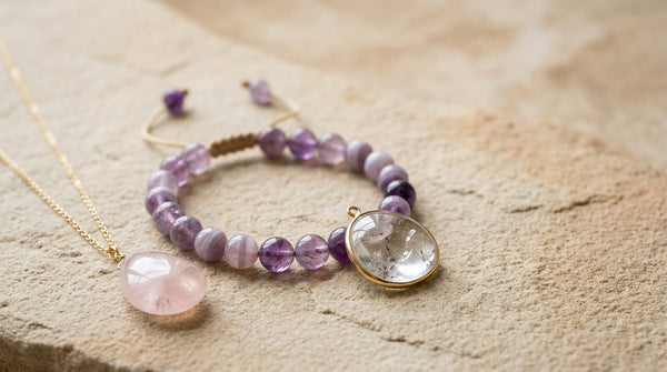 Crystal jewelry showing natural inclusions, color zoning, and polished finishes