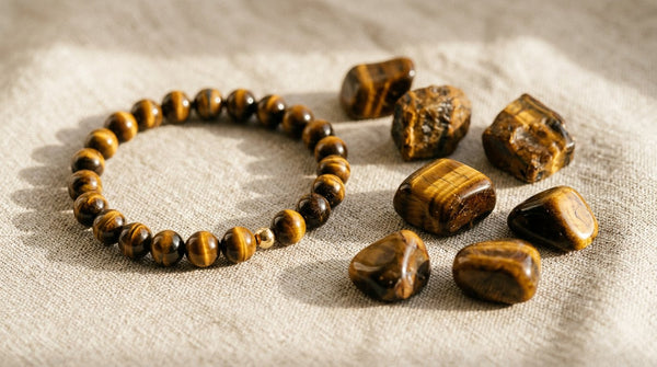 Tiger's eye crystal bracelet and gemstones on neutral background