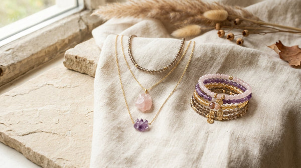 Layered crystal necklaces and gemstone bead bracelets in a warm editorial jewelry setting