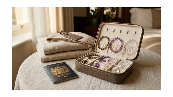 Open travel jewelry case holding crystal bracelets and pendants beside folded clothing and a passport
