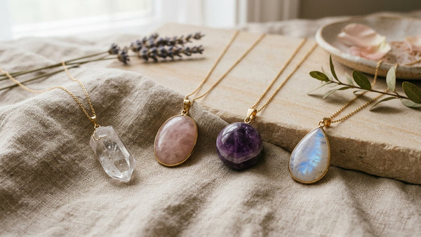 Crystal pendants in point, cabochon, sphere, and teardrop shapes arranged on linen