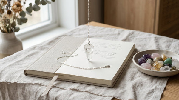 Clear quartz crystal pendulum on a silver chain beside a journal
