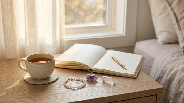 Crystal bracelet, amethyst, and clear quartz beside a journal in soft morning light
