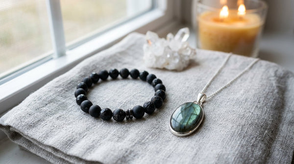 Black tourmaline bracelet and labradorite pendant crystal jewelry on linen cloth