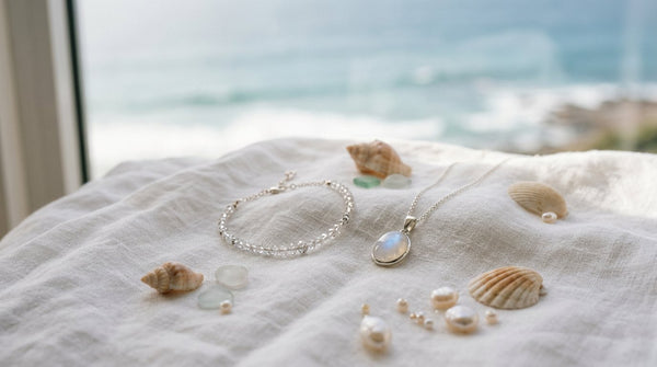 Moonstone and crystal jewelry styled for Cancer season with ocean tones