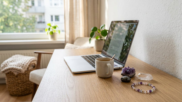 Work-from-home desk with laptop, crystals, and a crystal bracelet