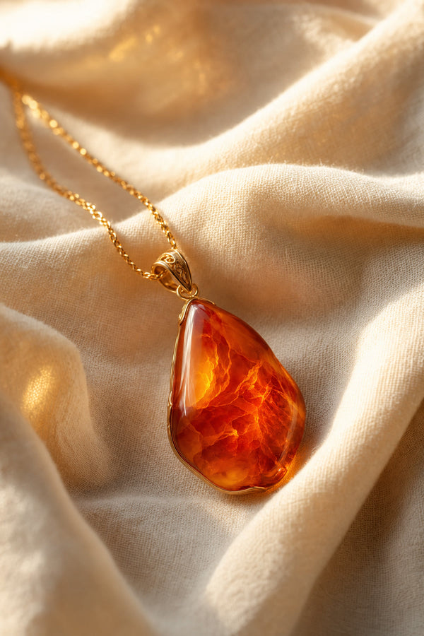Carnelian pendant necklace glowing with warm orange sacral chakra energy