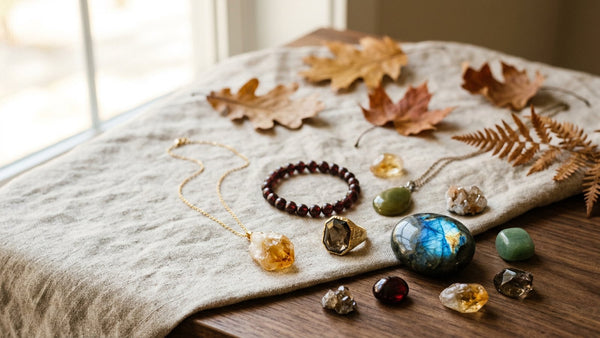 Fall crystal jewelry in citrine, garnet, smoky quartz, olive green, and labradorite tones