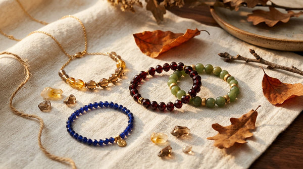 Fall crystal jewelry in warm amber, garnet red, olive green, smoky brown, and deep blue tones