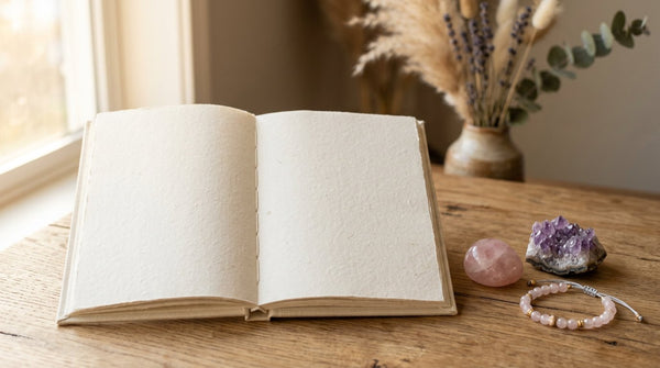 Open blank journal with rose quartz, amethyst, and a crystal bracelet in warm evening light