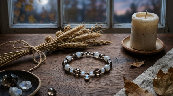Moonstone and smoky quartz crystal jewelry beside wheat under Harvest Moon light