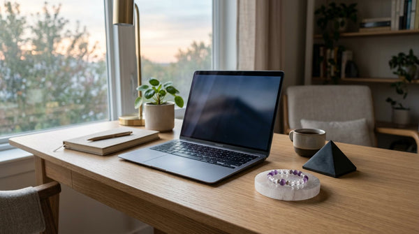 Crystal bracelet and selenite plate on a home office desk