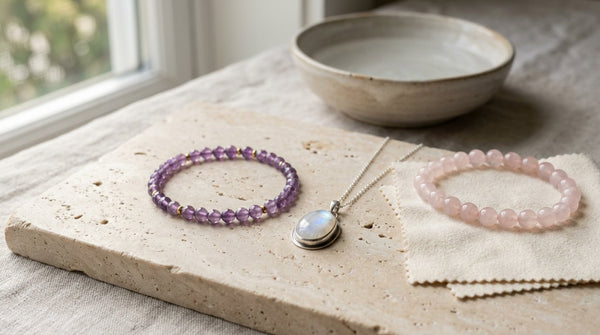 Crystal jewelry arranged with a soft cloth and bowl of water for safe cleaning