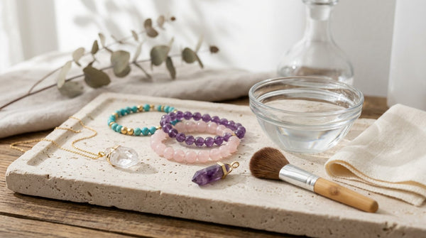 Crystal bracelets and pendants with a soft cloth, water bowl, and brush for safe jewelry care