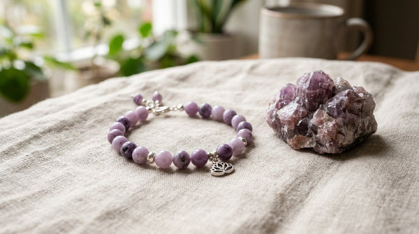 Lepidolite bracelet and raw lepidolite crystal in soft natural light