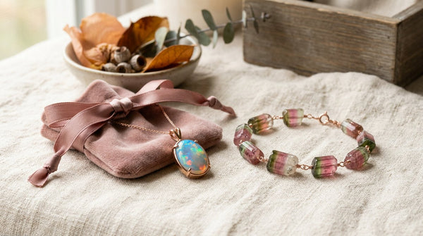 Opal pendant and tourmaline bracelet arranged for October birthstone jewelry care