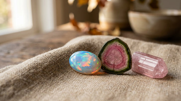 Opal and watermelon tourmaline October birthstones arranged in warm autumn light