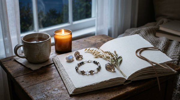 Crystal bracelet and stones beside an open journal in autumn moonlight