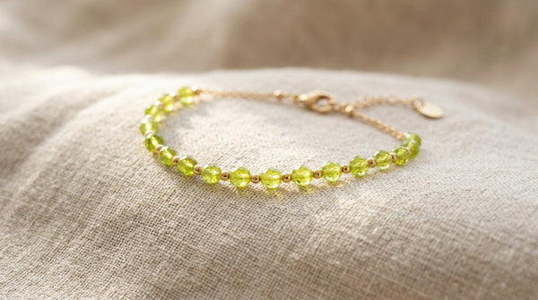 Peridot gemstone bracelet in soft morning light