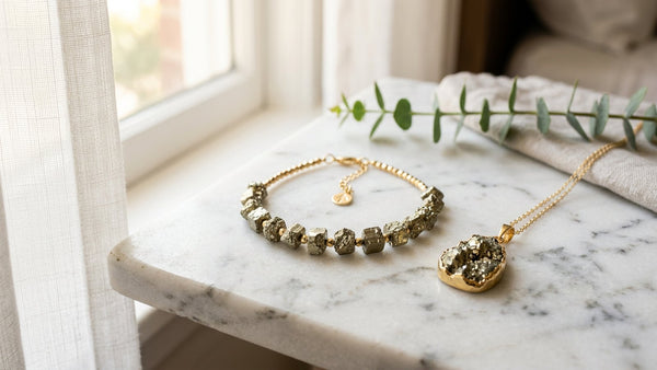 Pyrite gemstone bracelet and pendant jewelry in natural light
