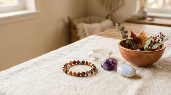 Crystal jewelry and gemstones arranged with autumn leaves in soft seasonal light