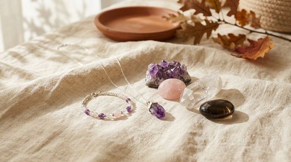 Crystal jewelry and crystals arranged for a September equinox ritual
