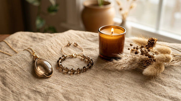 Smoky quartz pendant and beaded bracelet on warm linen with a softly lit candle