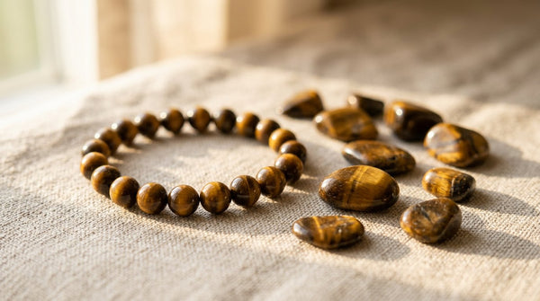 Tiger's eye crystal bracelet and gemstones on neutral background