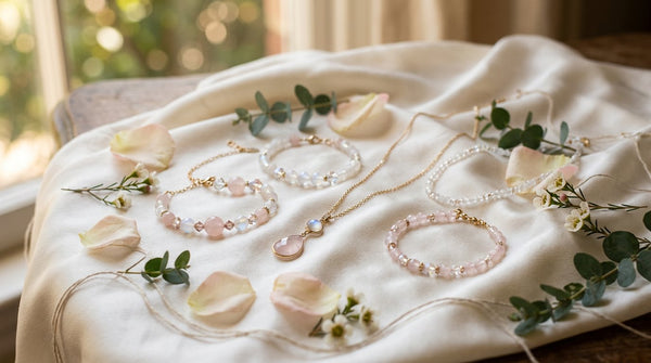 Wedding crystal jewelry flat lay with rose quartz and moonstone bracelets