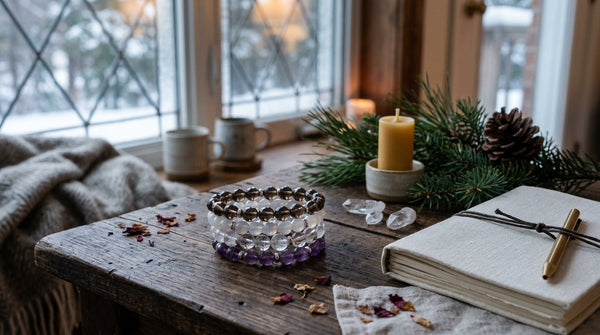 Crystal bracelets arranged beside a journal and evergreen branches for a winter solstice ritual