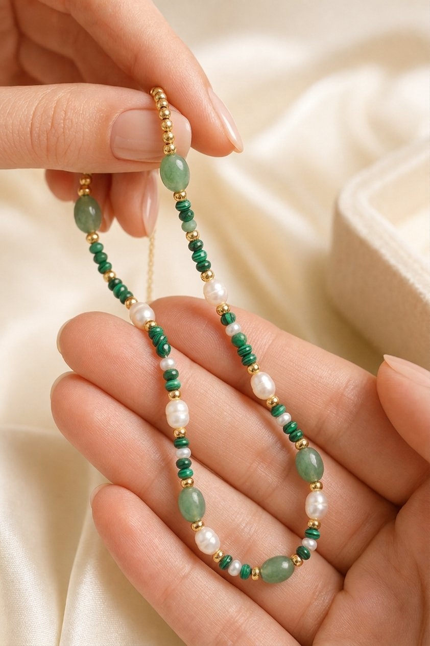 Malachite Green Jade Beads Necklace in 24K Gold Plated Copper