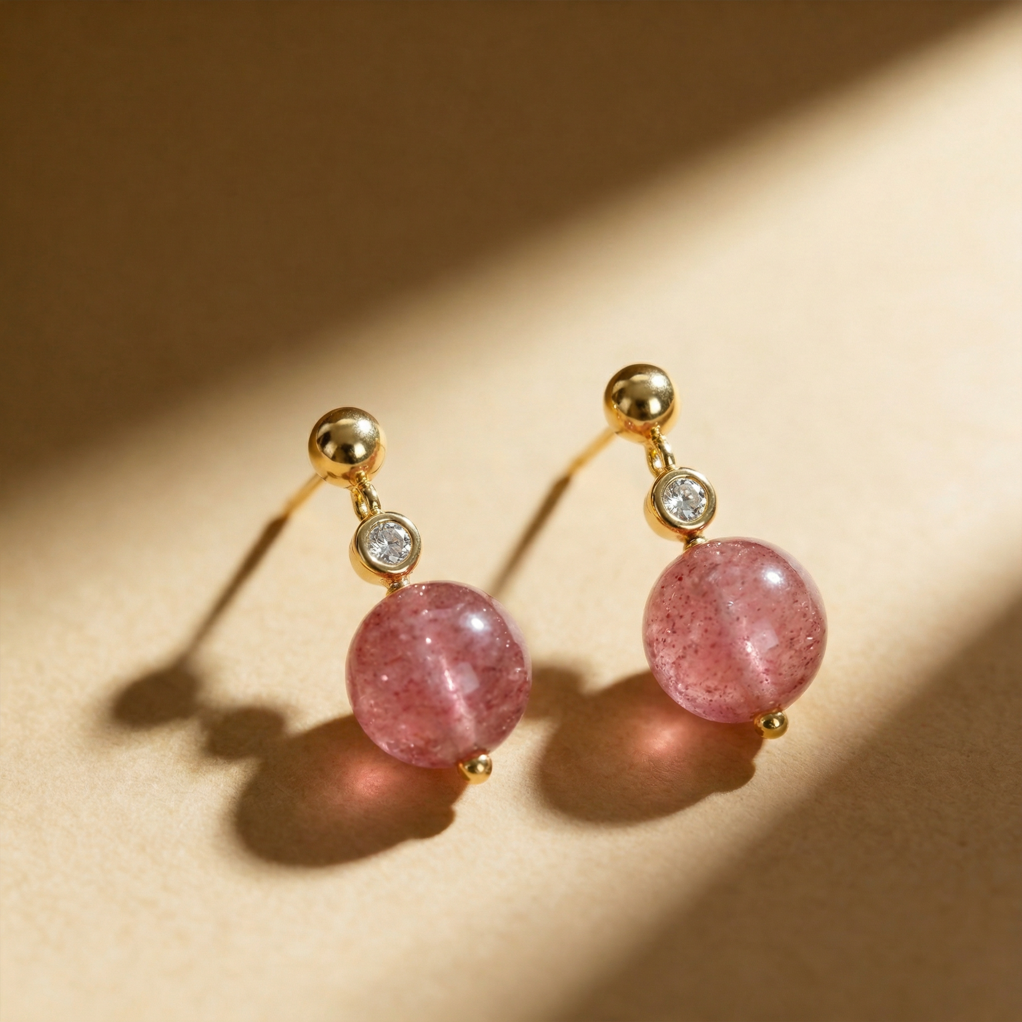 Strawberry Quartz Cubic Zirconia Earrings in 14K Gold Plated Metal