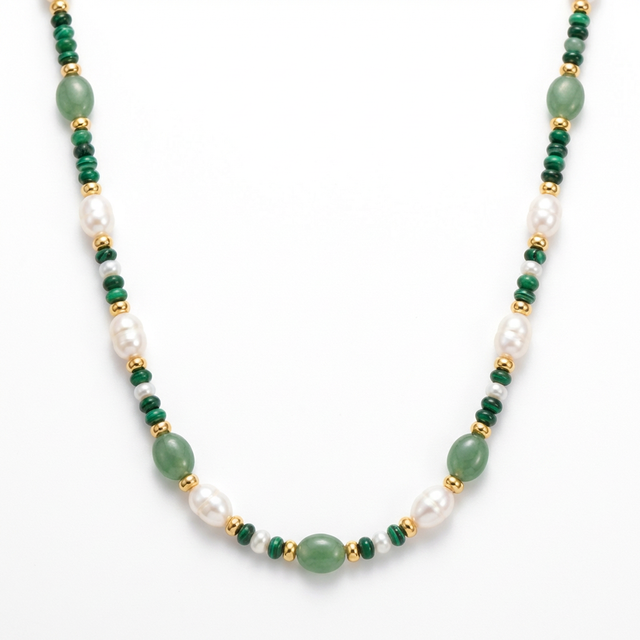 Malachite Green Jade Beads Necklace in 24K Gold Plated Copper