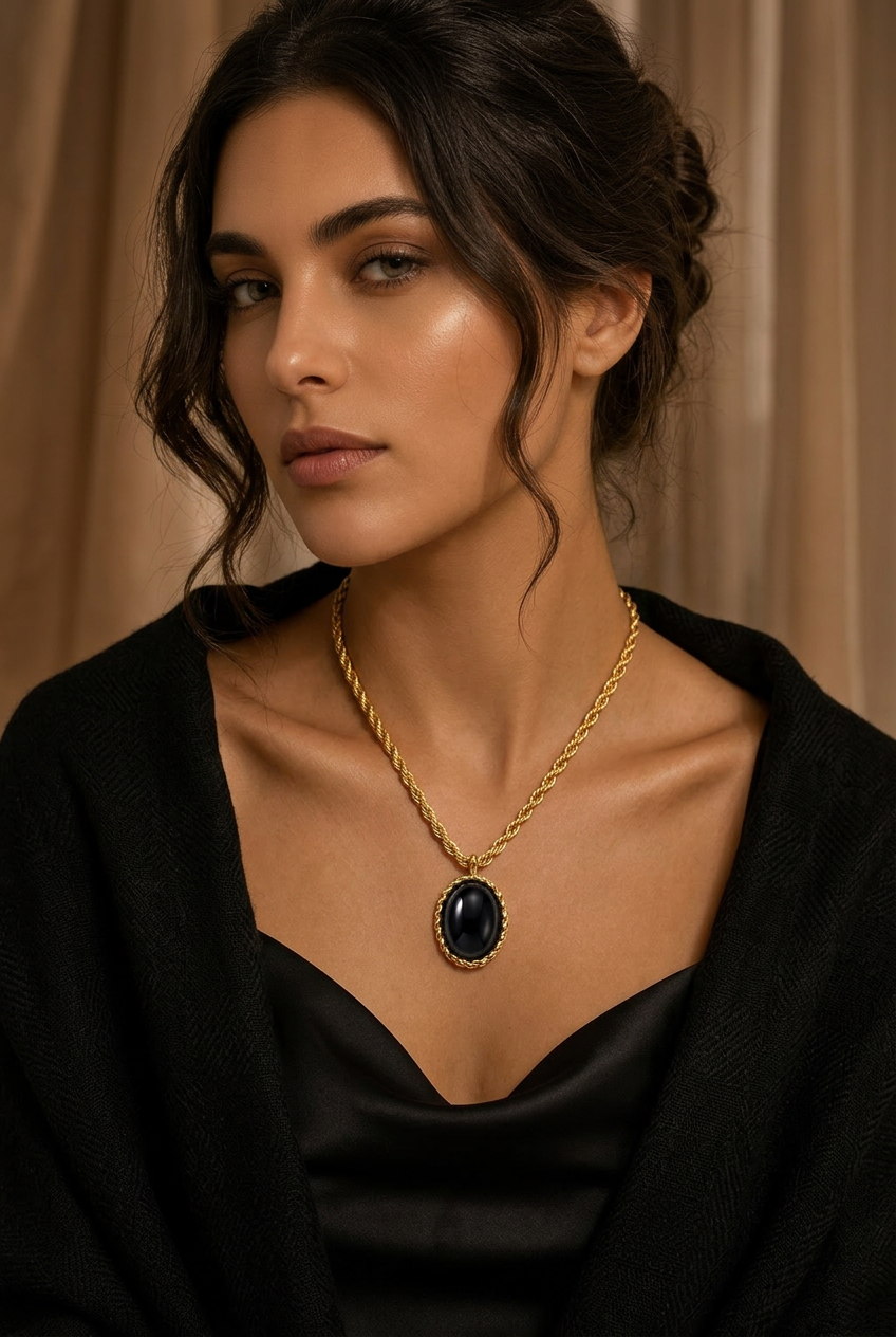 Black Onyx Necklace in 18K Gold Plated Copper